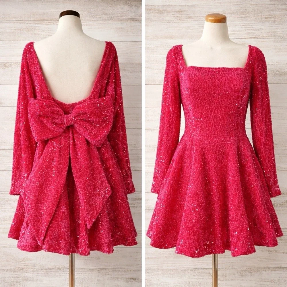 Mini Skater Dress 10 Hot Pink Sequin Oversized Back Bow Square Neck Coquette
